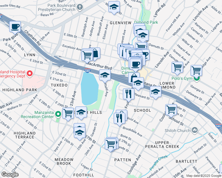 map of restaurants, bars, coffee shops, grocery stores, and more near 2459 Cordova Street in Oakland