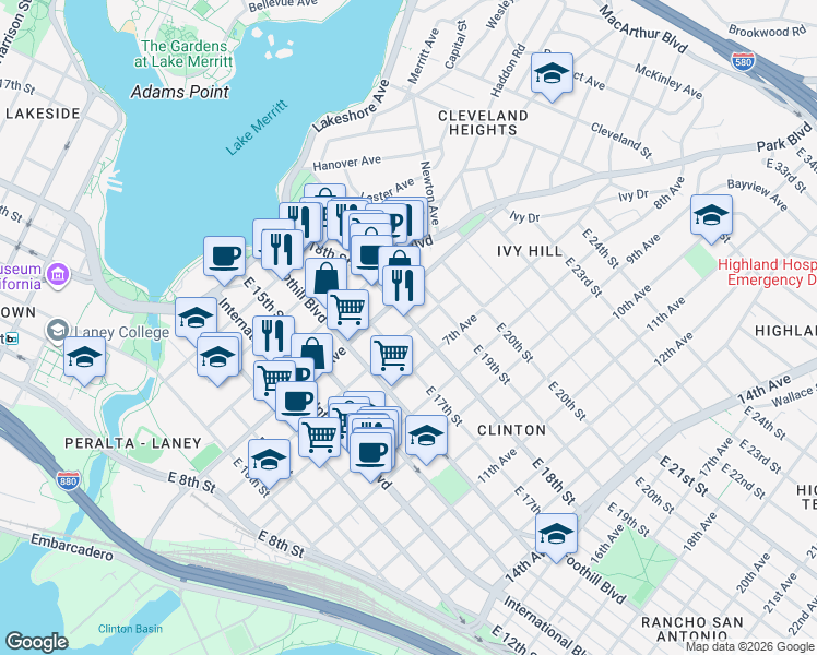 map of restaurants, bars, coffee shops, grocery stores, and more near in Oakland