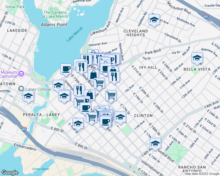 map of restaurants, bars, coffee shops, grocery stores, and more near in Oakland