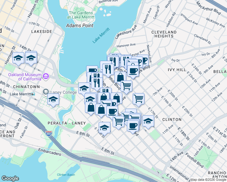 map of restaurants, bars, coffee shops, grocery stores, and more near 1423 4th Avenue in Oakland