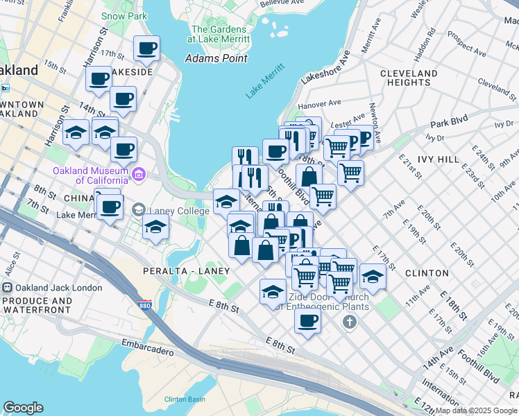 map of restaurants, bars, coffee shops, grocery stores, and more near in Oakland