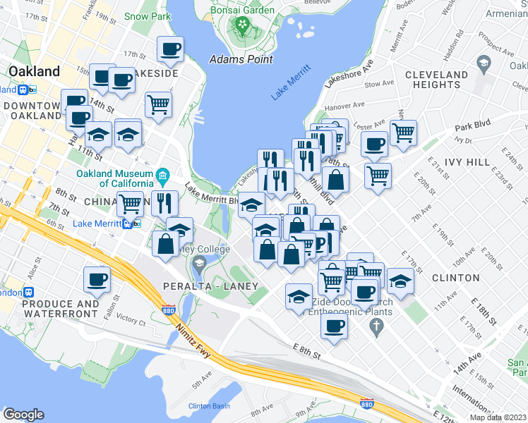 map of restaurants, bars, coffee shops, grocery stores, and more near 250 2nd Avenue in Oakland