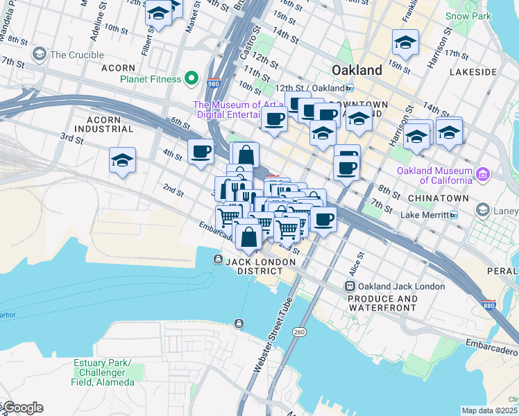 map of restaurants, bars, coffee shops, grocery stores, and more near in Oakland