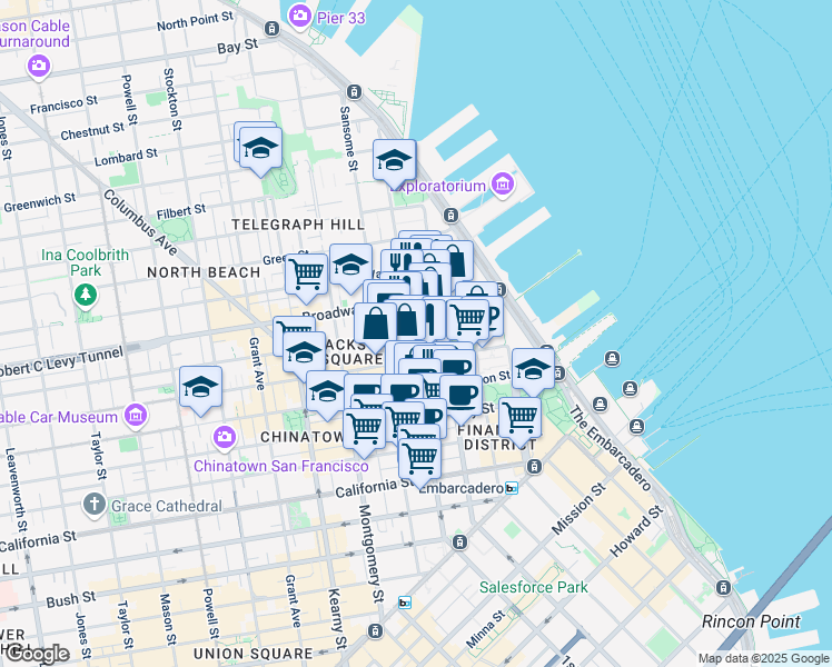 map of restaurants, bars, coffee shops, grocery stores, and more near 220 Jackson Street in San Francisco