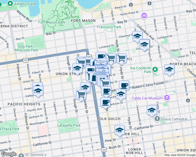 map of restaurants, bars, coffee shops, grocery stores, and more near in San Francisco
