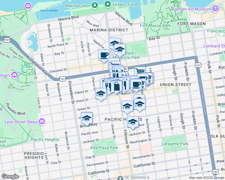 map of restaurants, bars, coffee shops, grocery stores, and more near 2229 Union Street in San Francisco