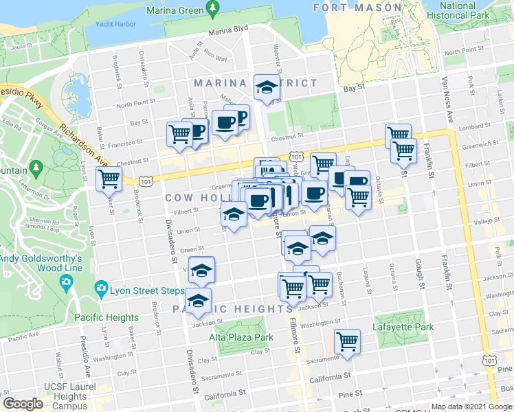 map of restaurants, bars, coffee shops, grocery stores, and more near in San Francisco