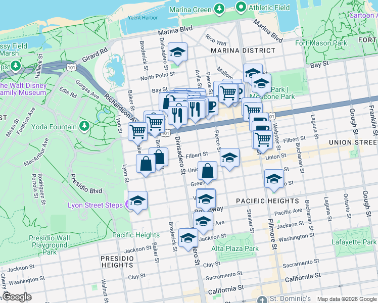 map of restaurants, bars, coffee shops, grocery stores, and more near in San Francisco