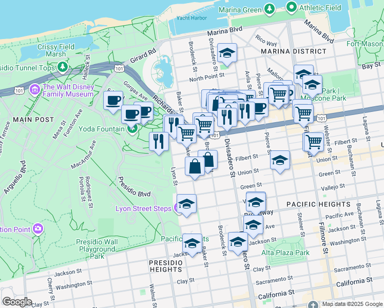 map of restaurants, bars, coffee shops, grocery stores, and more near 2762 Filbert Street in San Francisco