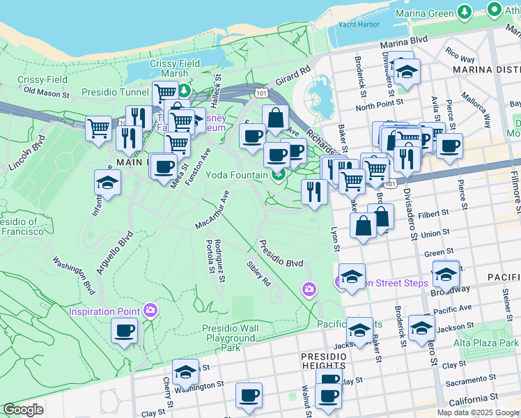 map of restaurants, bars, coffee shops, grocery stores, and more near 5386 Sherman Road in San Francisco