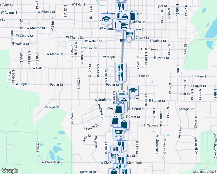 map of restaurants, bars, coffee shops, grocery stores, and more near 200-204 West Ash Street in Herrin