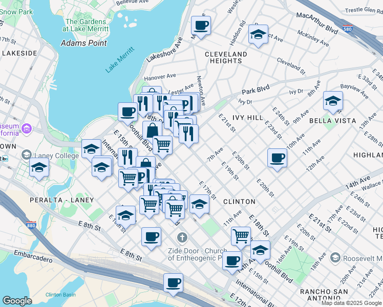 map of restaurants, bars, coffee shops, grocery stores, and more near in Oakland