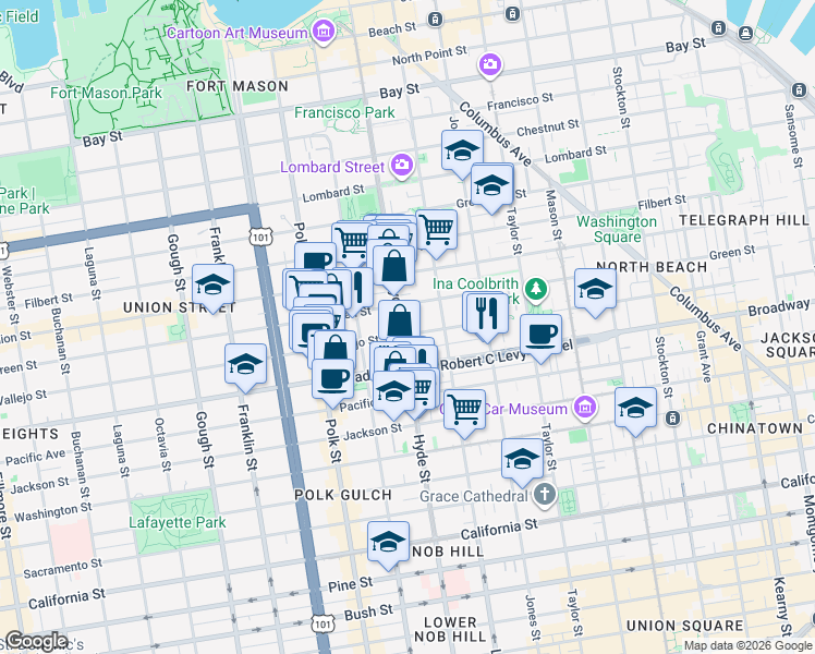 map of restaurants, bars, coffee shops, grocery stores, and more near in San Francisco