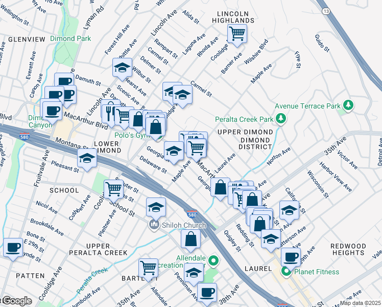 map of restaurants, bars, coffee shops, grocery stores, and more near 3550 Maple Avenue in Oakland