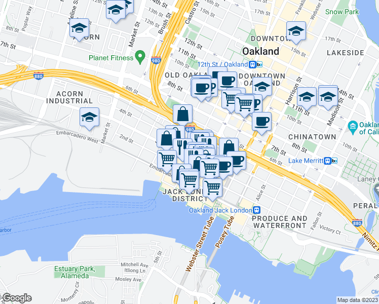 map of restaurants, bars, coffee shops, grocery stores, and more near 315 Washington Street in Oakland