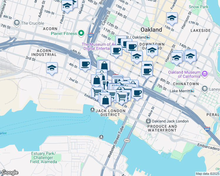 map of restaurants, bars, coffee shops, grocery stores, and more near 315 Washington Street in Oakland