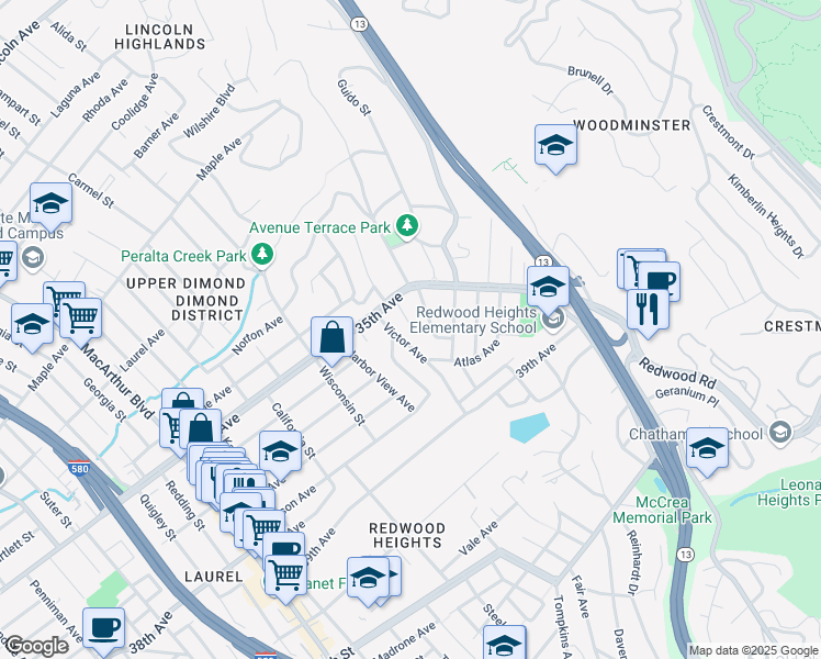 map of restaurants, bars, coffee shops, grocery stores, and more near 3547 Willis Court in Oakland