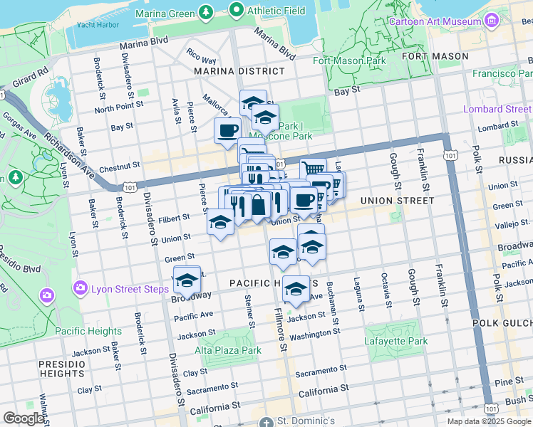 map of restaurants, bars, coffee shops, grocery stores, and more near in San Francisco