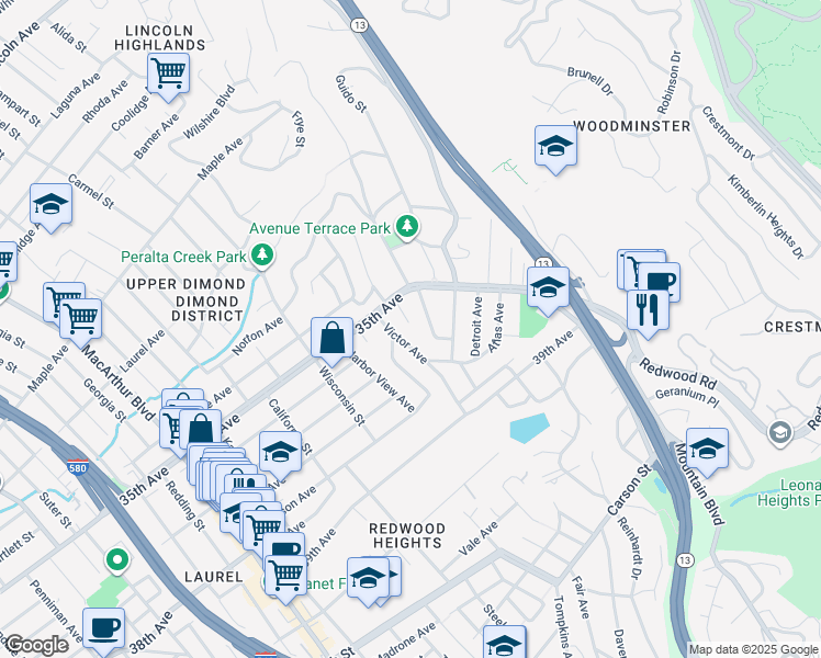 map of restaurants, bars, coffee shops, grocery stores, and more near 3547 Willis Court in Oakland