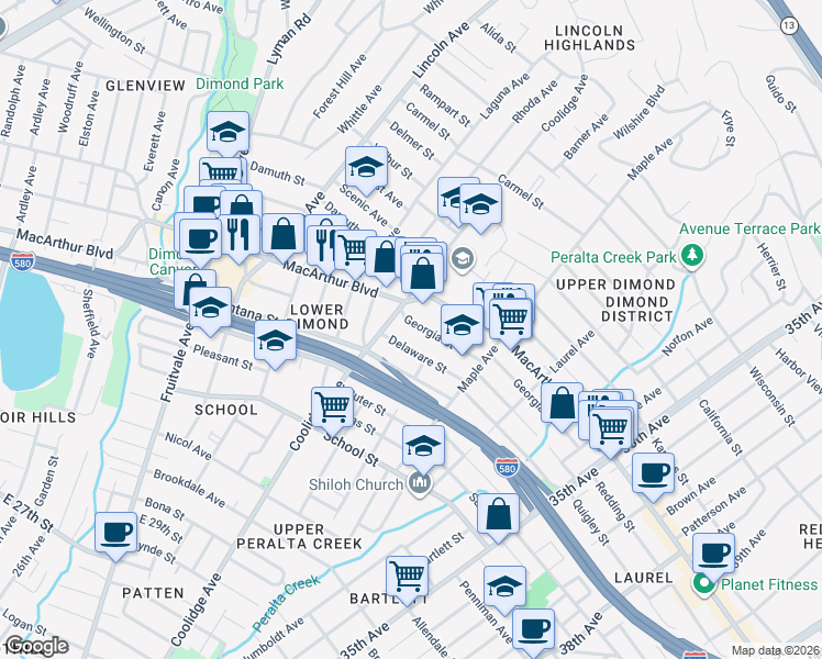 map of restaurants, bars, coffee shops, grocery stores, and more near 2843 Georgia Street in Oakland