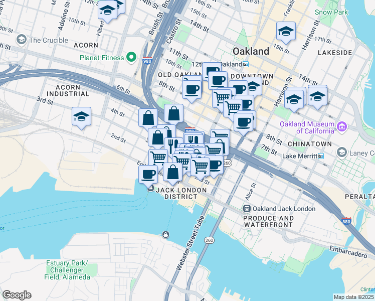 map of restaurants, bars, coffee shops, grocery stores, and more near in Oakland