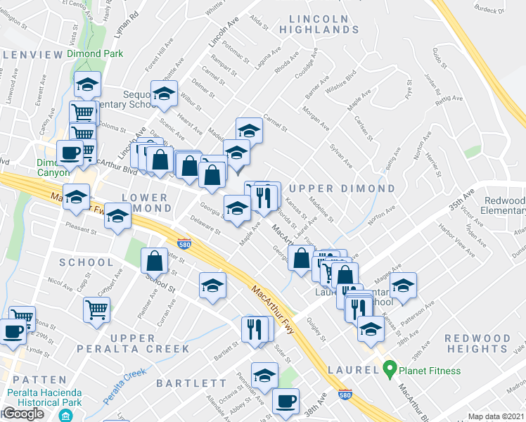 map of restaurants, bars, coffee shops, grocery stores, and more near 3607 Maple Avenue in Oakland