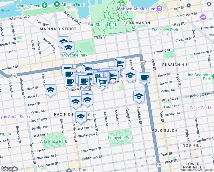 map of restaurants, bars, coffee shops, grocery stores, and more near 1878 Green Street in San Francisco
