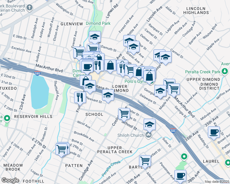 map of restaurants, bars, coffee shops, grocery stores, and more near in Oakland