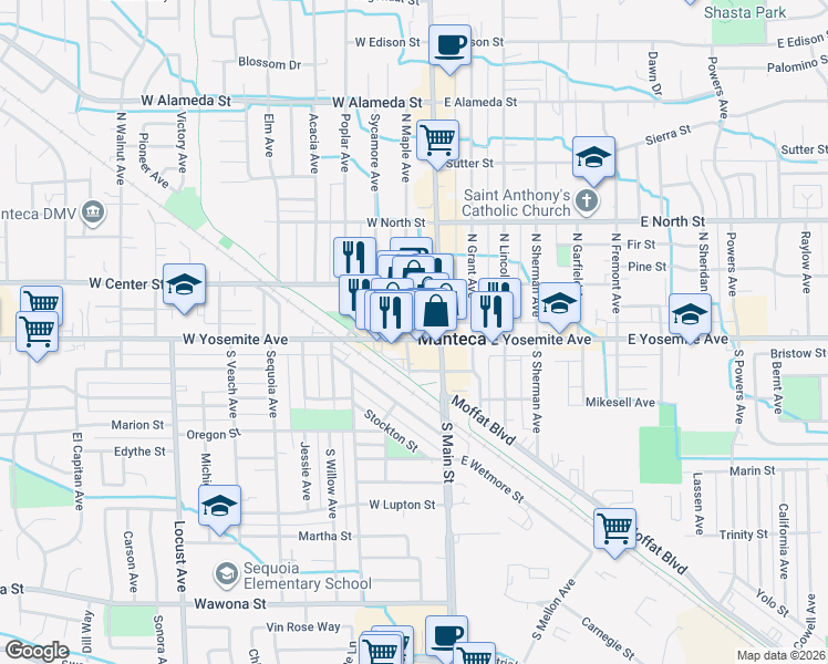 map of restaurants, bars, coffee shops, grocery stores, and more near 220 West Yosemite Avenue in Manteca