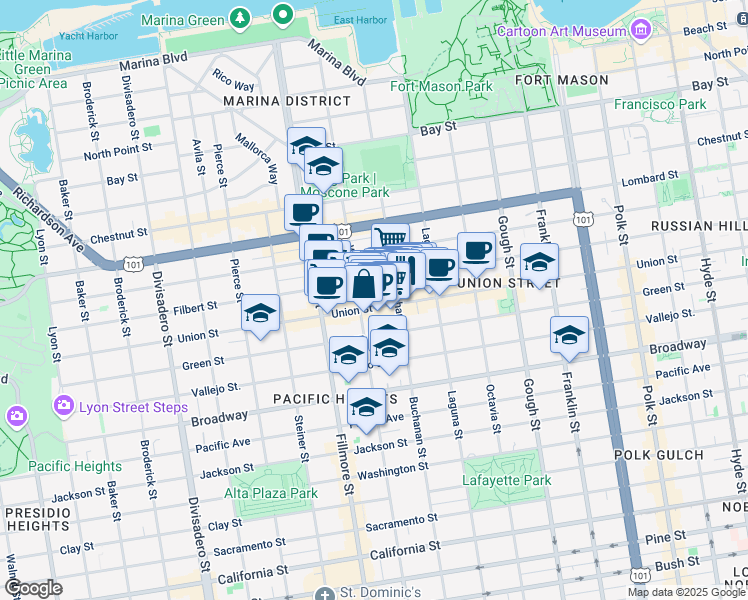 map of restaurants, bars, coffee shops, grocery stores, and more near 2055 Union Street in San Francisco