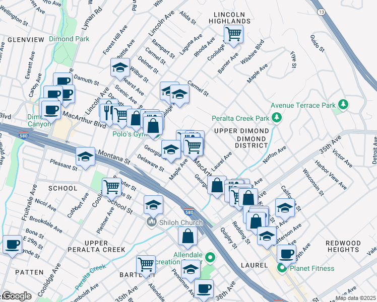 map of restaurants, bars, coffee shops, grocery stores, and more near 3607 Maple Avenue in Oakland