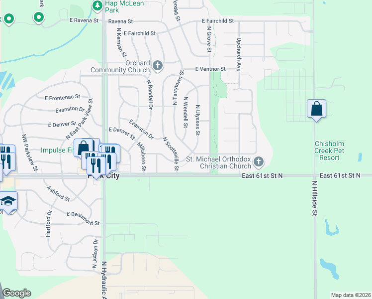 map of restaurants, bars, coffee shops, grocery stores, and more near 6310 North Scottsville Street in Park City