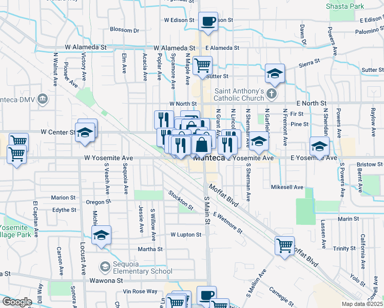 map of restaurants, bars, coffee shops, grocery stores, and more near 159 West Yosemite Avenue in Manteca