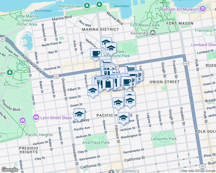map of restaurants, bars, coffee shops, grocery stores, and more near 2227 Union Street in San Francisco