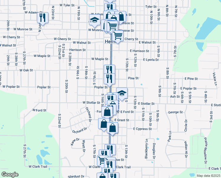 map of restaurants, bars, coffee shops, grocery stores, and more near 615 S Park Ave in Herrin