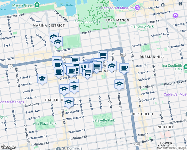 map of restaurants, bars, coffee shops, grocery stores, and more near 1878 Green Street in San Francisco