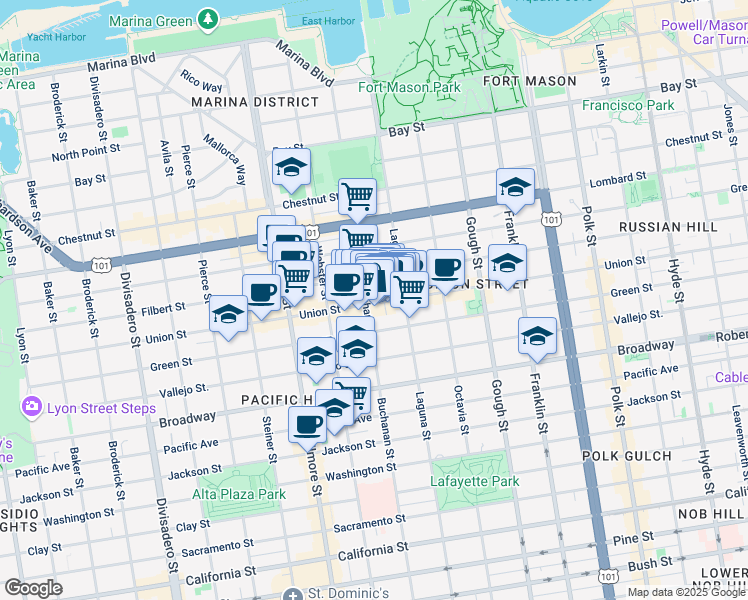 map of restaurants, bars, coffee shops, grocery stores, and more near 1980 Union Street in San Francisco