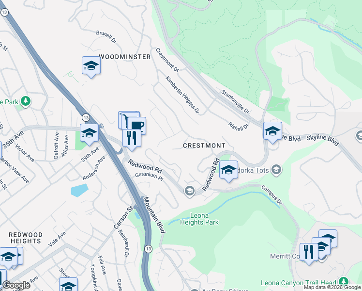 map of restaurants, bars, coffee shops, grocery stores, and more near 27 Teralynn Court in Oakland