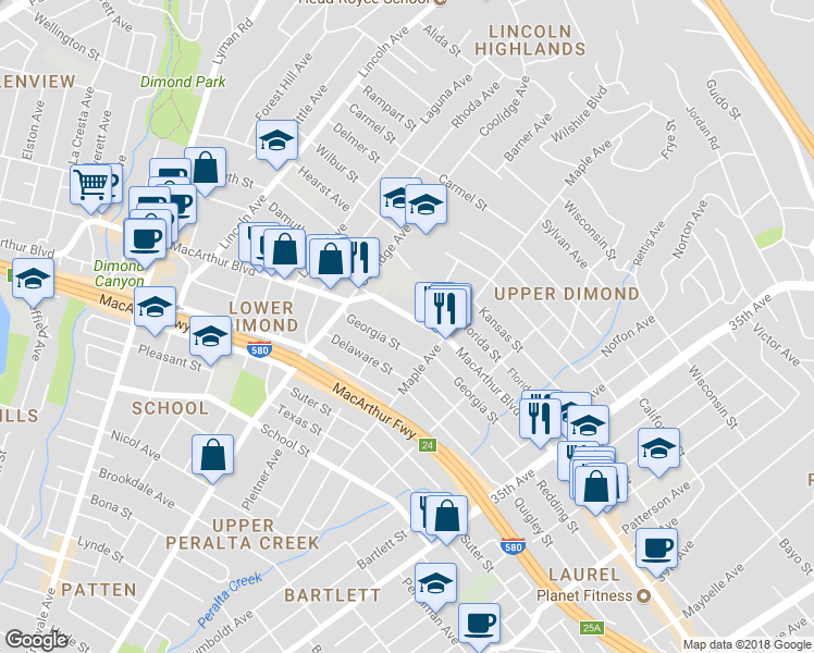 map of restaurants, bars, coffee shops, grocery stores, and more near 2951 Georgia Street in Oakland