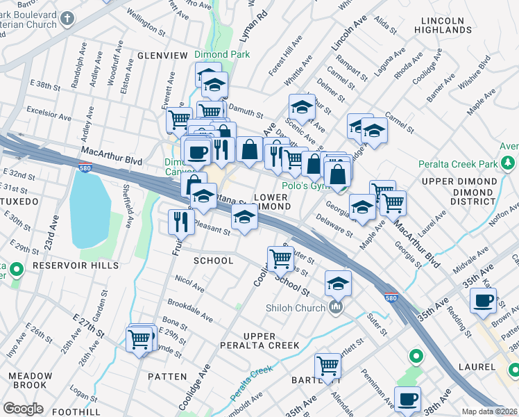 map of restaurants, bars, coffee shops, grocery stores, and more near in Oakland