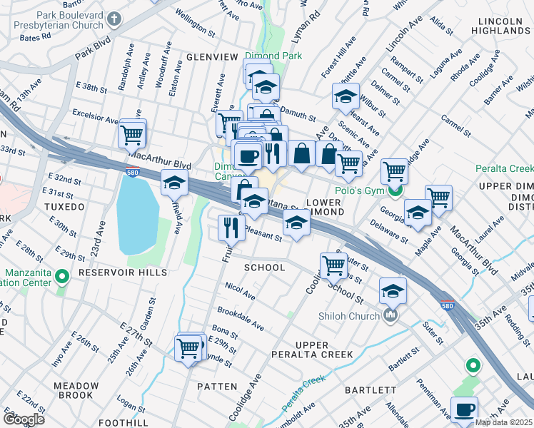map of restaurants, bars, coffee shops, grocery stores, and more near 2718 Pleasant Street in Oakland
