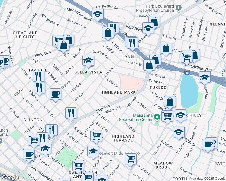 map of restaurants, bars, coffee shops, grocery stores, and more near 2704 14th Avenue in Oakland