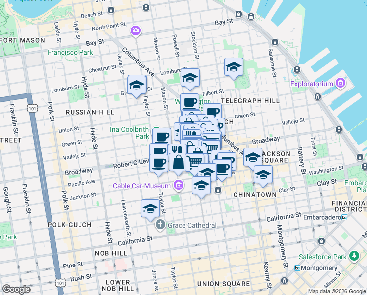 map of restaurants, bars, coffee shops, grocery stores, and more near 1335 Powell Street in San Francisco
