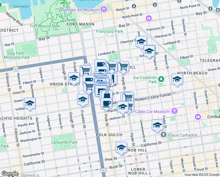 map of restaurants, bars, coffee shops, grocery stores, and more near 1440 Vallejo Street in San Francisco