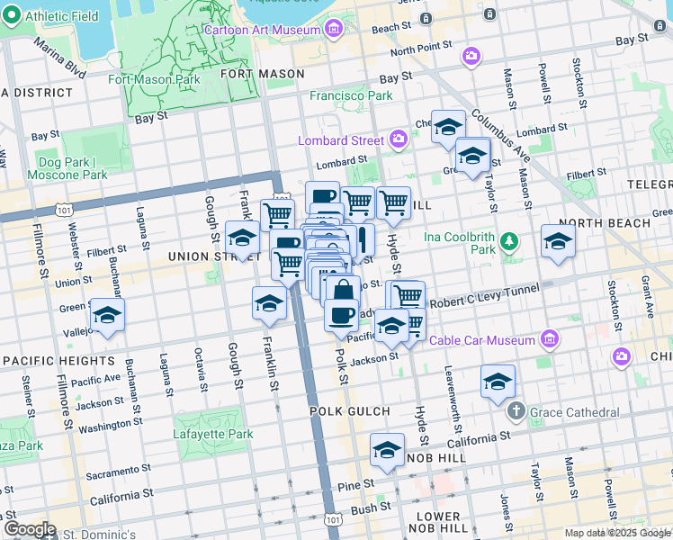 map of restaurants, bars, coffee shops, grocery stores, and more near 1440 Vallejo Street in San Francisco