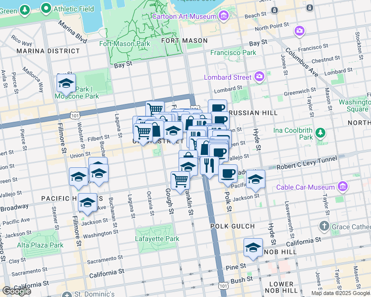 map of restaurants, bars, coffee shops, grocery stores, and more near in San Francisco