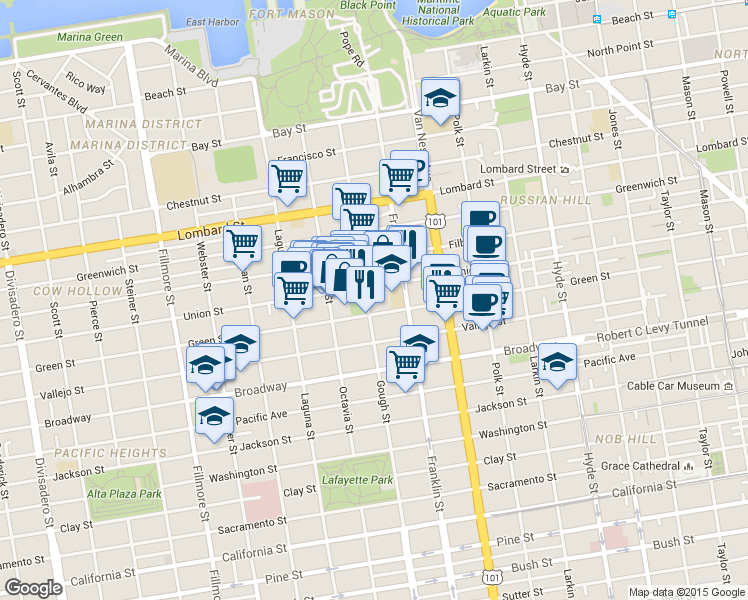 map of restaurants, bars, coffee shops, grocery stores, and more near in San Francisco
