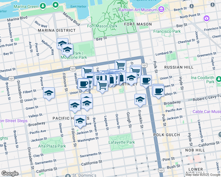 map of restaurants, bars, coffee shops, grocery stores, and more near 1779 Green Street in San Francisco