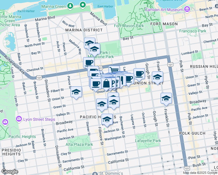 map of restaurants, bars, coffee shops, grocery stores, and more near 2055 Union Street in San Francisco