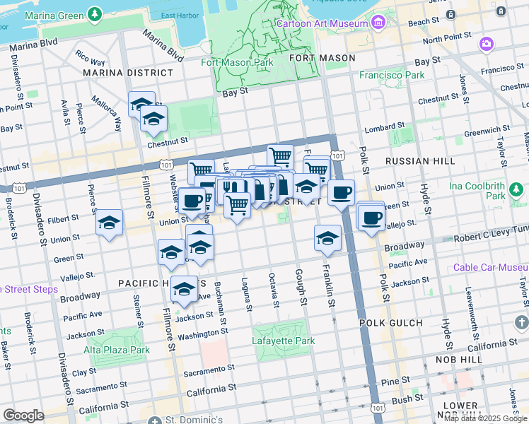 map of restaurants, bars, coffee shops, grocery stores, and more near 1779 Green Street in San Francisco